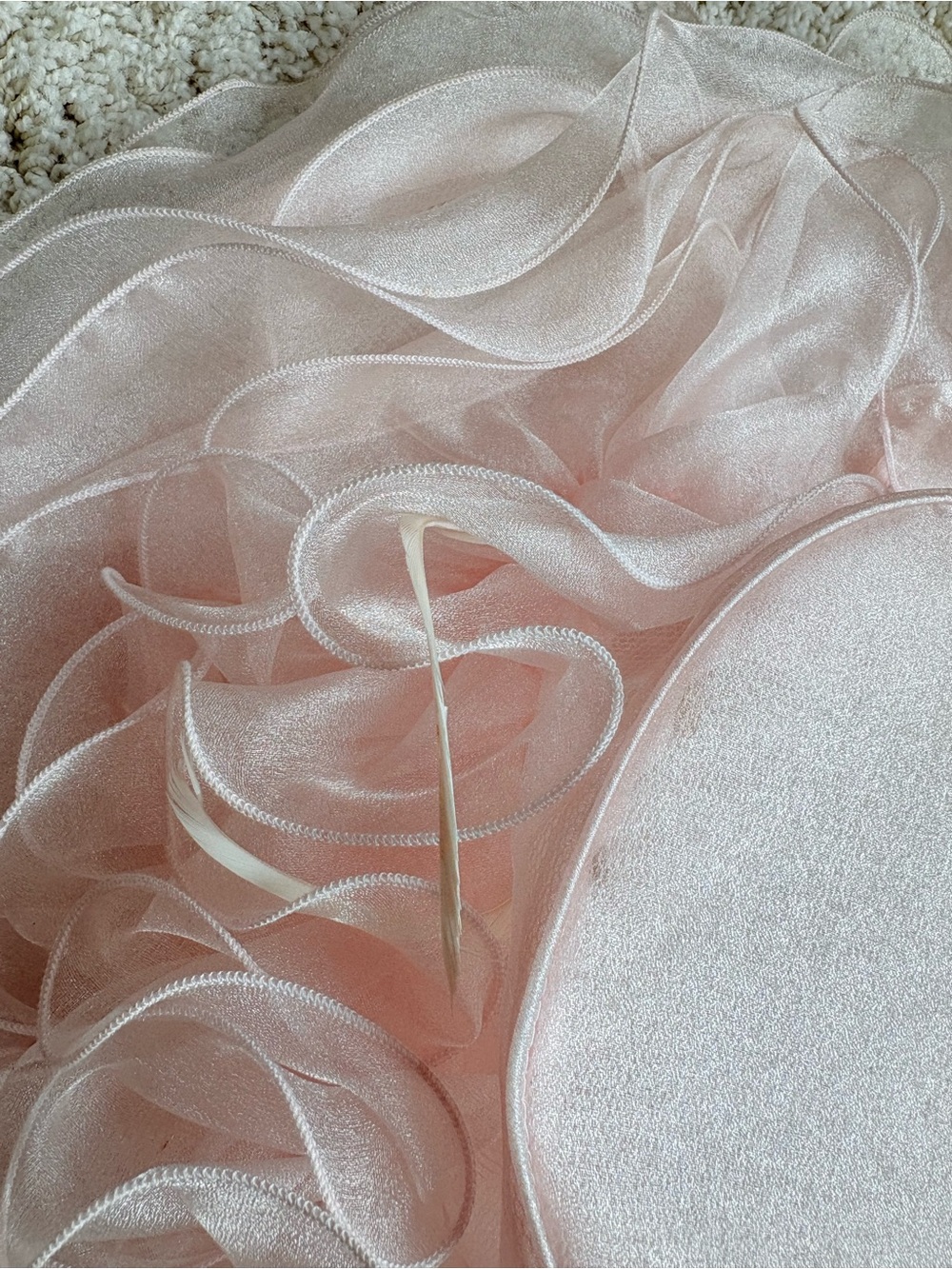 Vintage Sheer Ruffle Organza Fascinator Hat in Pale Pink Feathers Amazing - Picture 6 of 13